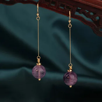 Оригинални реколта дълги обеци с лилав кристал в етнически стил, Нежни и елегантни и Модерни Дамски бижута за жени