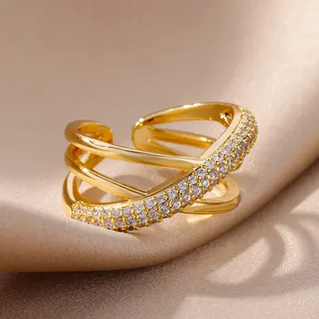Пръстени с цирконии под формата на кръст за жени, позлатените пръстен от неръждаема стомана, Корейската мода, луксозно годежен пръстен, Естетически бижута подарък
