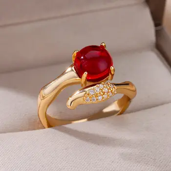 Кръгли пръстен с червен цирконием За жени, Позлатените кръгъл пръстен от неръждаема стомана, Регулируема, Тенденция 2023, Сватбени естетически декорации подарък