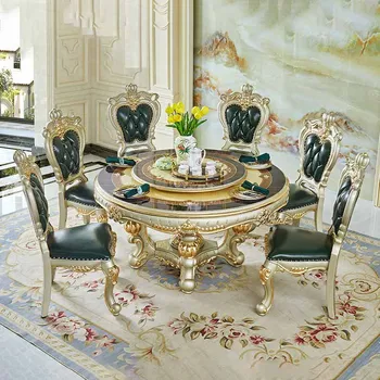 Маса за хранене от европейския мрамор, ресторант American villa, кръгла маса с поклащайки маса, маса за хранене с резбовани цветя от масивна дървесина,