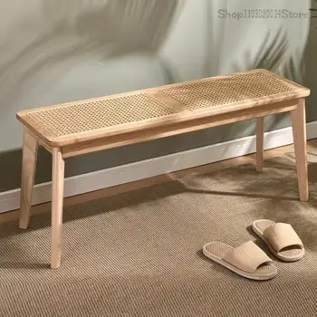 Маса от ратан от масивно дърво, пейка за дома си в скандинавски стил, столче за легла и спалня с тихо дизайн, лесен столче за преобличане обувки