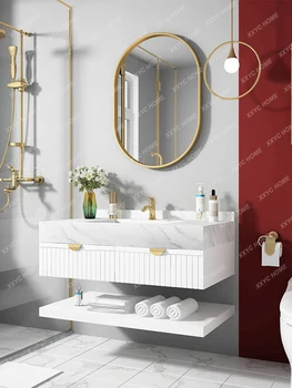 Комбинация от шкафове за баня в скандинавски стил, Достъпен и Луксозен стил Мивка Модерен минималистичен шкаф за мивка Стенен шкаф от масивно дърво