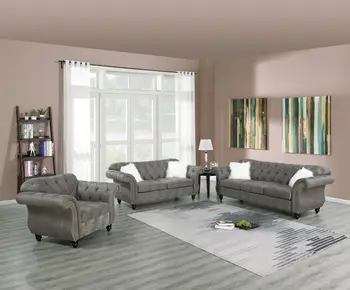 Мебели за хола, комплект мека мебел от 3 теми, Шиферно-сив диван, стол за почивка, кожзаменитель