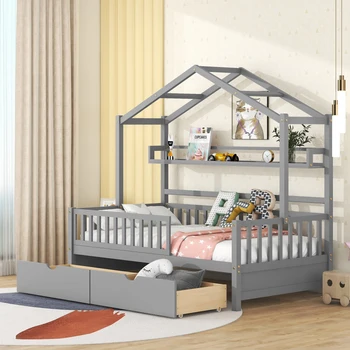 Дървена домашна легло Twin Size с 2 чекмеджета, Бебешко легло с рафтове за съхранение, Дизайн на Играта къща, спестява място, Отлично качество, Сив