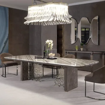 Италиански луксозни мебели за трапезария от неръждаема стомана 10 местен модерен и луксозен мраморна маса за хранене
