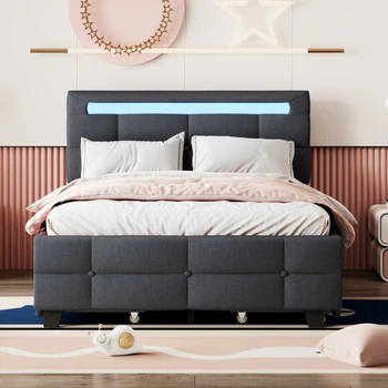Елегантна Дизайнерска легло, в пълен размер Меко легло-платформа с led Рамка и 4 чекмеджета, Бельо Плат, Сиво /бежово