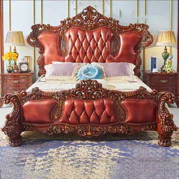 Легло от естествена кожа в европейски стил, луксозна спалня вили в американски стил, спалня на принцеса, боя на водна основа, боядисана със злато и