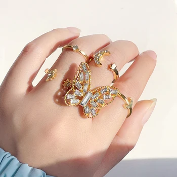 ЛАТ, Реколта златен пръстен с пеперуди и кристали за жени, Креативен комплект пръстени с лък и Луната 2022, Дамска мода, Елегантни бижута