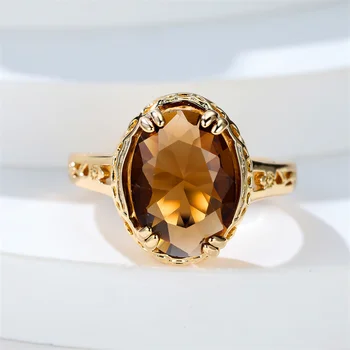 Луксозно дамско Винтажное пръстен с червен кристал, шарм От жълто злато, Венчални халки с камъни За жени, Годежен пръстен с цирконием за булката