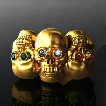 Пънк, Хип-хоп Златни бижута Стерео 3 пръстени с черепи за мъже Син Червен Кристал Очите Скелет на Мъжки пръстен Мотоциклет Колоездач Подарък на Едро