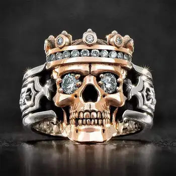 Ново творческа пръстен с корона и черепа, лицето мъжки пръстен с два цвята на главата призрак, моден тренд, бижута в стил пънк, подарък на едро