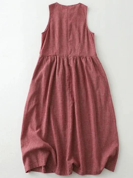 Лятна рокля-жилетка от памук и лен, художествена клетка 2023 г., уменьшающее възраст, без ръкави, дебнещ, безплатно, ежедневно, негабаритное, винтажное рокля-жилетка