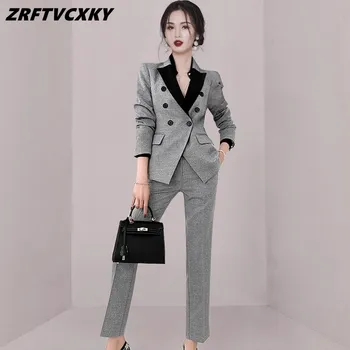 Корейски жена офис комплект от 2 теми, есента модно двубортное приталенное разлика палто + панталони с висока талия, костюми, дамски бизнес комплекти