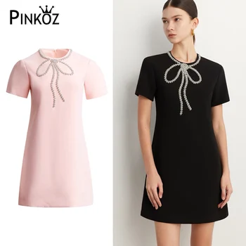 Pinkoz дамско дизайнерско розова рокля трапецовидна форма, с кръгло деколте и хрустальным лък и къс ръкав, луксозни и висококачествени мини-вечерни елегантни рокли за жени