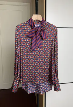 Върхова продуктова Пролетната дамска блуза с дълъг ръкав и принтом от коприна 2024, Елегантни Дамски Универсална Однобортная риза с шарфовым яка, блузи, ризи