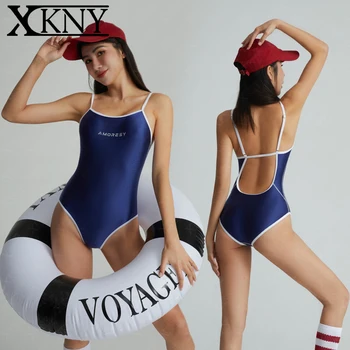 XCKNY, сатен, гланц бански, секси бански костюм с яка, син бански костюм, лъскави, обтягивающий, еластична, копринена, едно парче бански